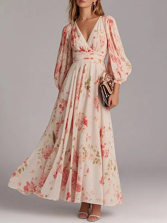 Flower Printed Long Sleeves Pleated Bohemia Maxi Dress